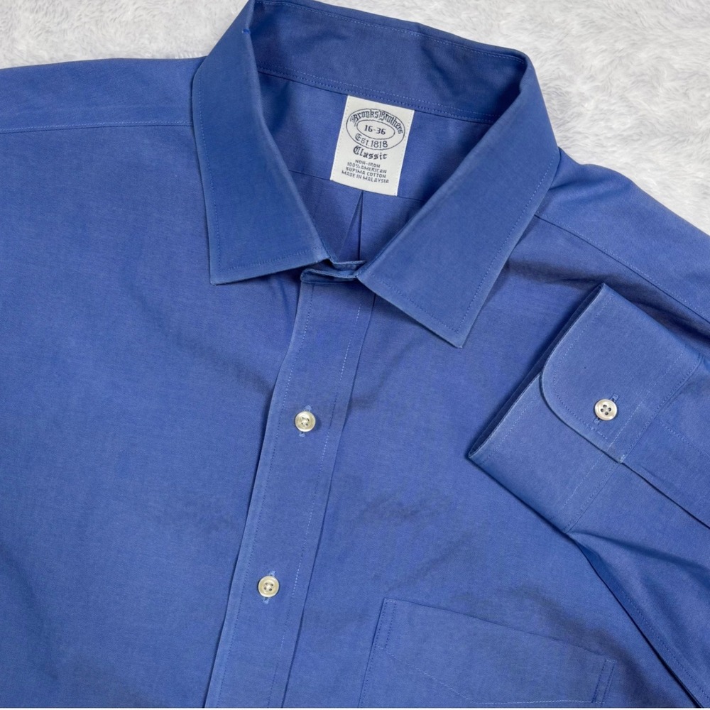Brooks Brothers Dress Shirt Men L TALL 16-36  Blue No Iron Supima Oxford Classic